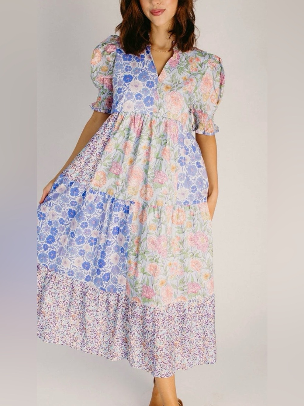 🆕#304~GiGio~Patchwork Floral Midi Dress in Blue, Pink, & Multi, Sm - Picture 7 of 16